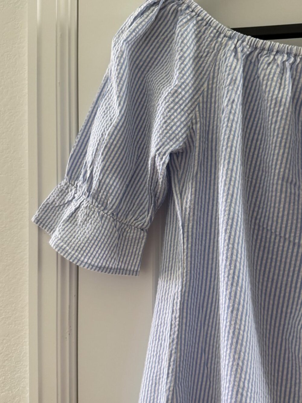 Blue & White Striped Off-Shoulder Top With Floral Embroidery Ruffle Sleeves SJS - Picture 7 of 8